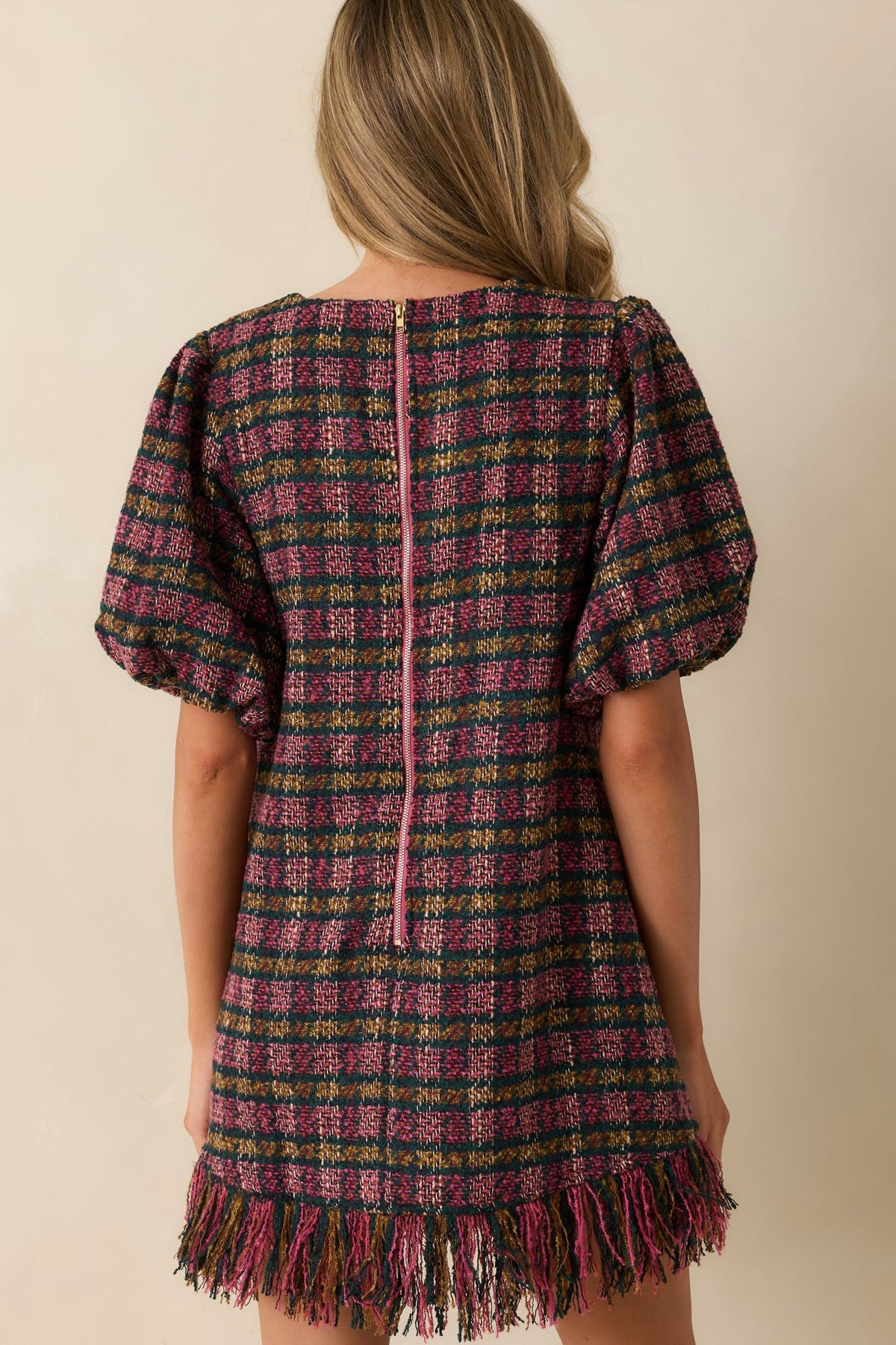 Prosperina Cecelia Pink Multi Plaid Tweed Mini Dress