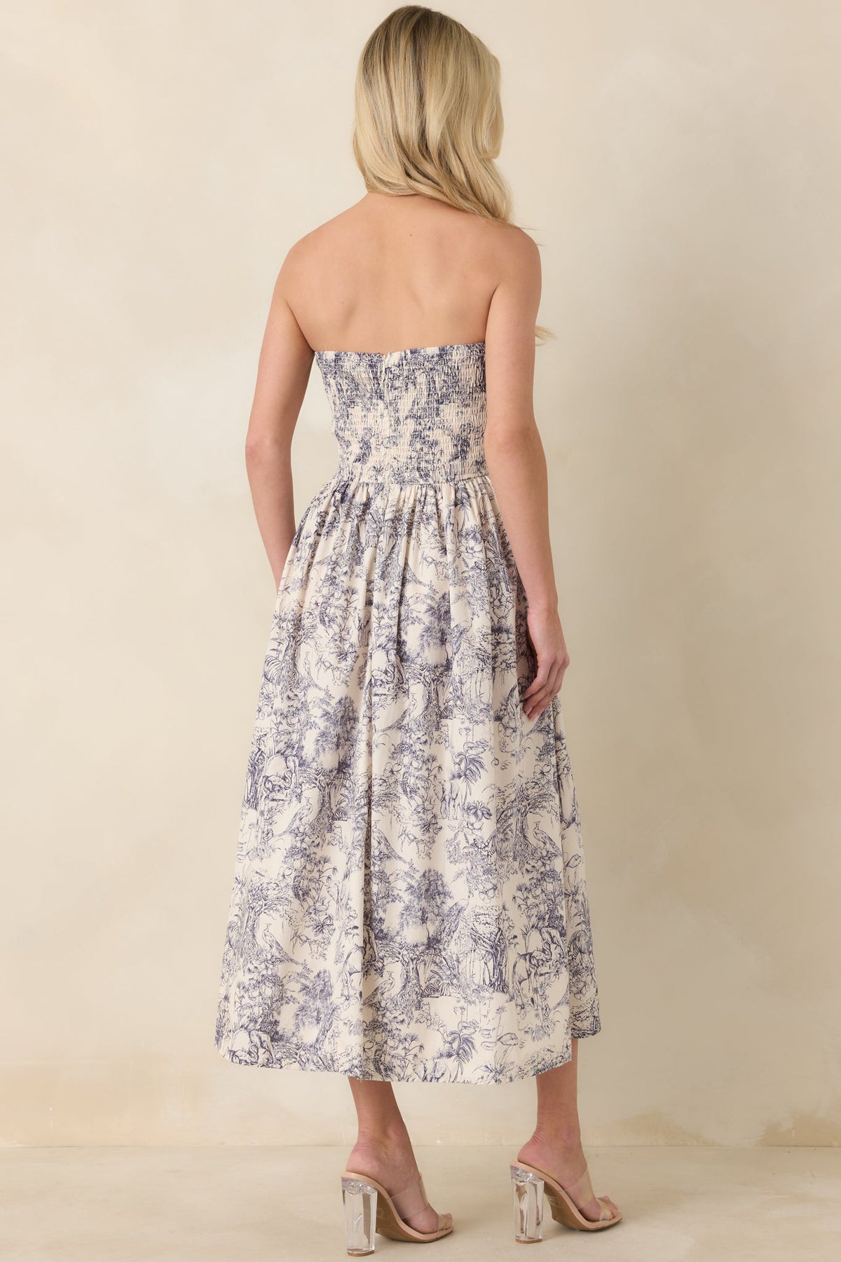 The Genevieve Cotton Navy Blue Toile Strapless Midi Dress