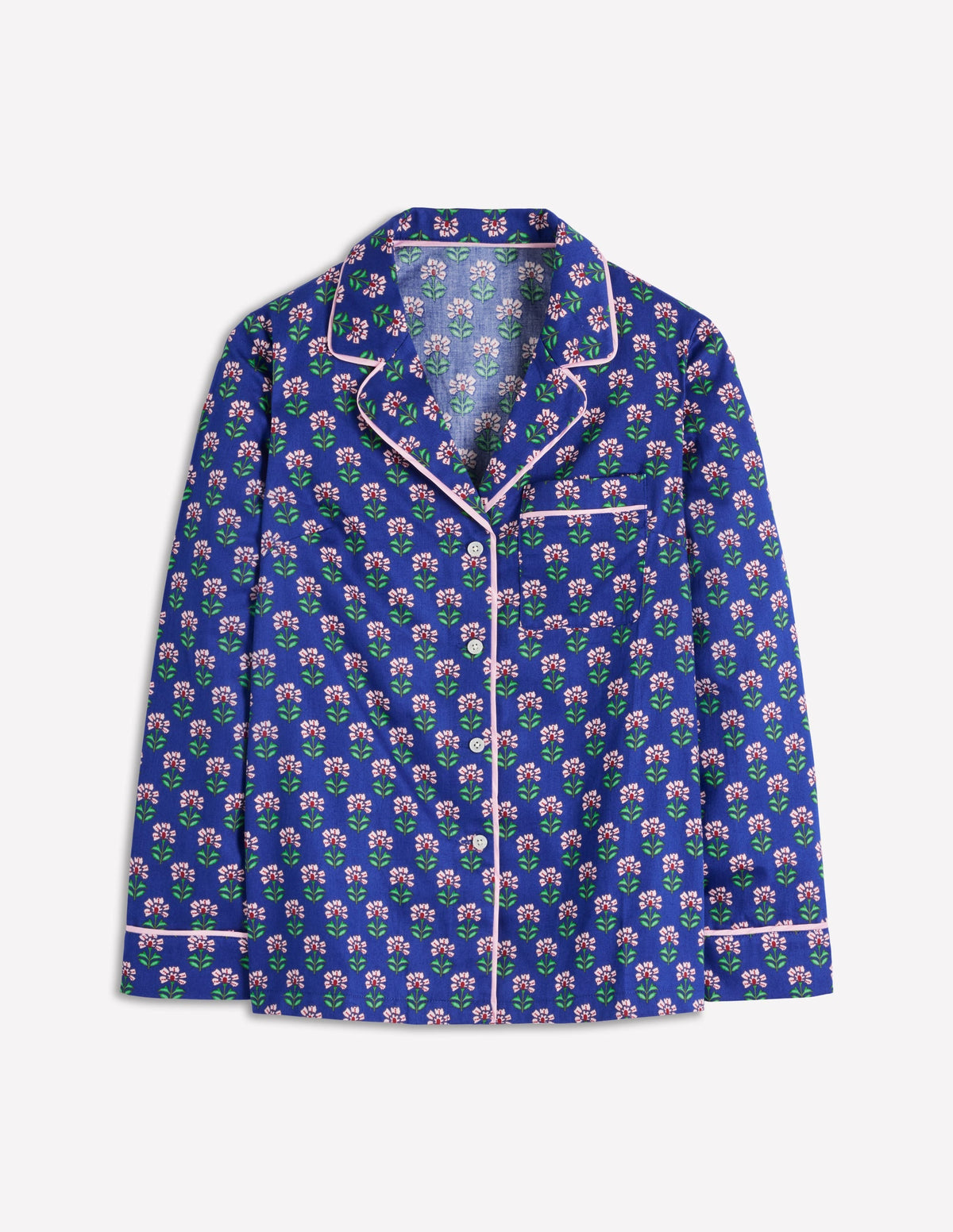 Cotton Pajama Shirt-Bright Blue, Woodblock Flower