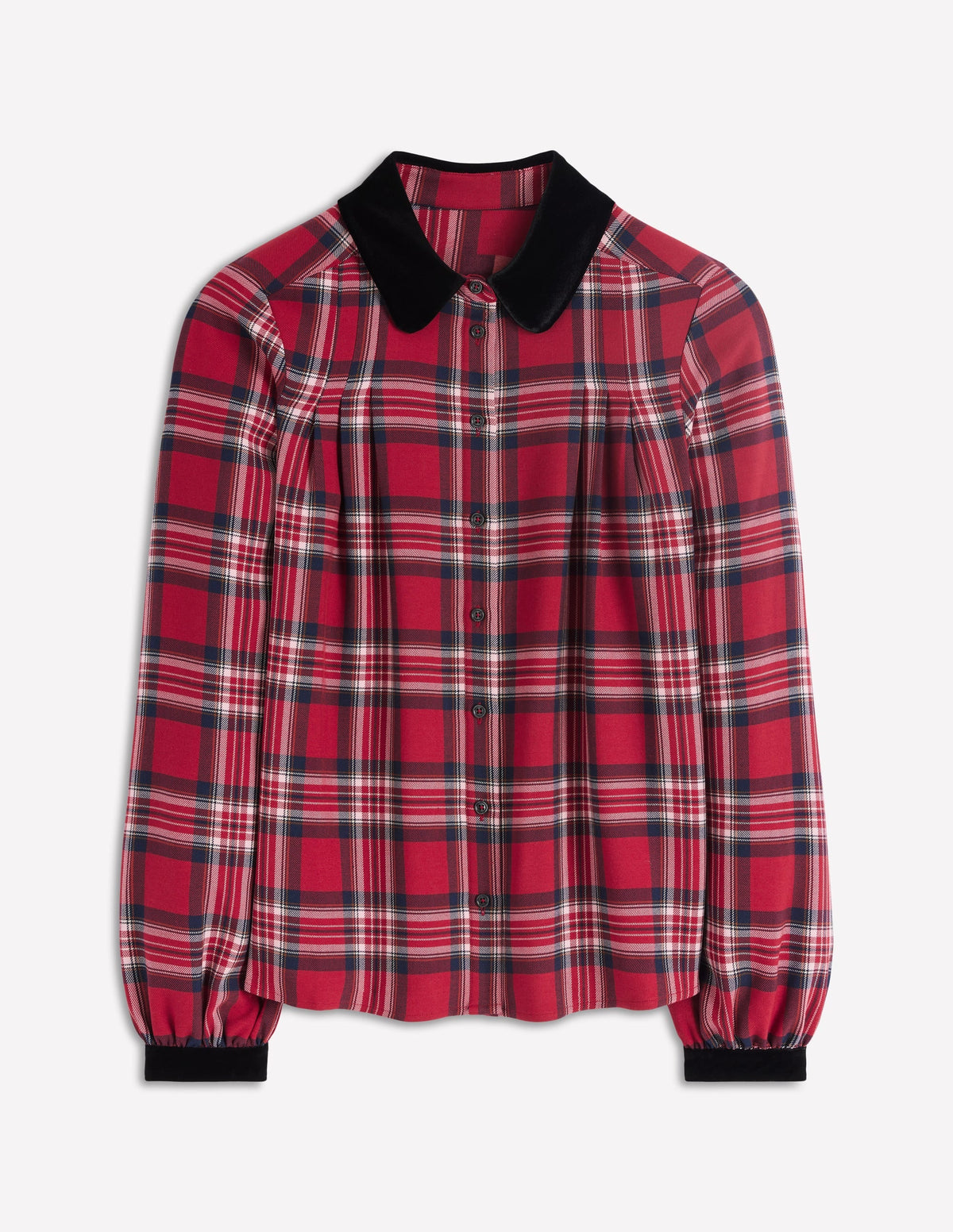 Velvet Collared Check Shirt-Red Check