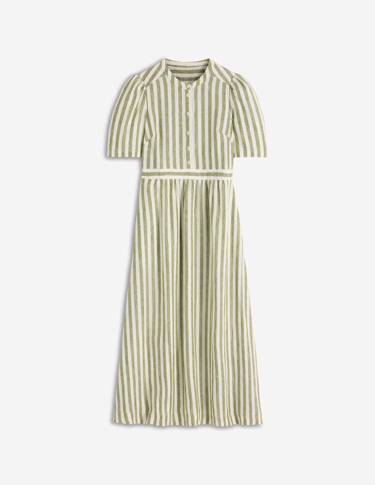 Ivy Button Linen Midi Dress-Olive, Ivory Stripe