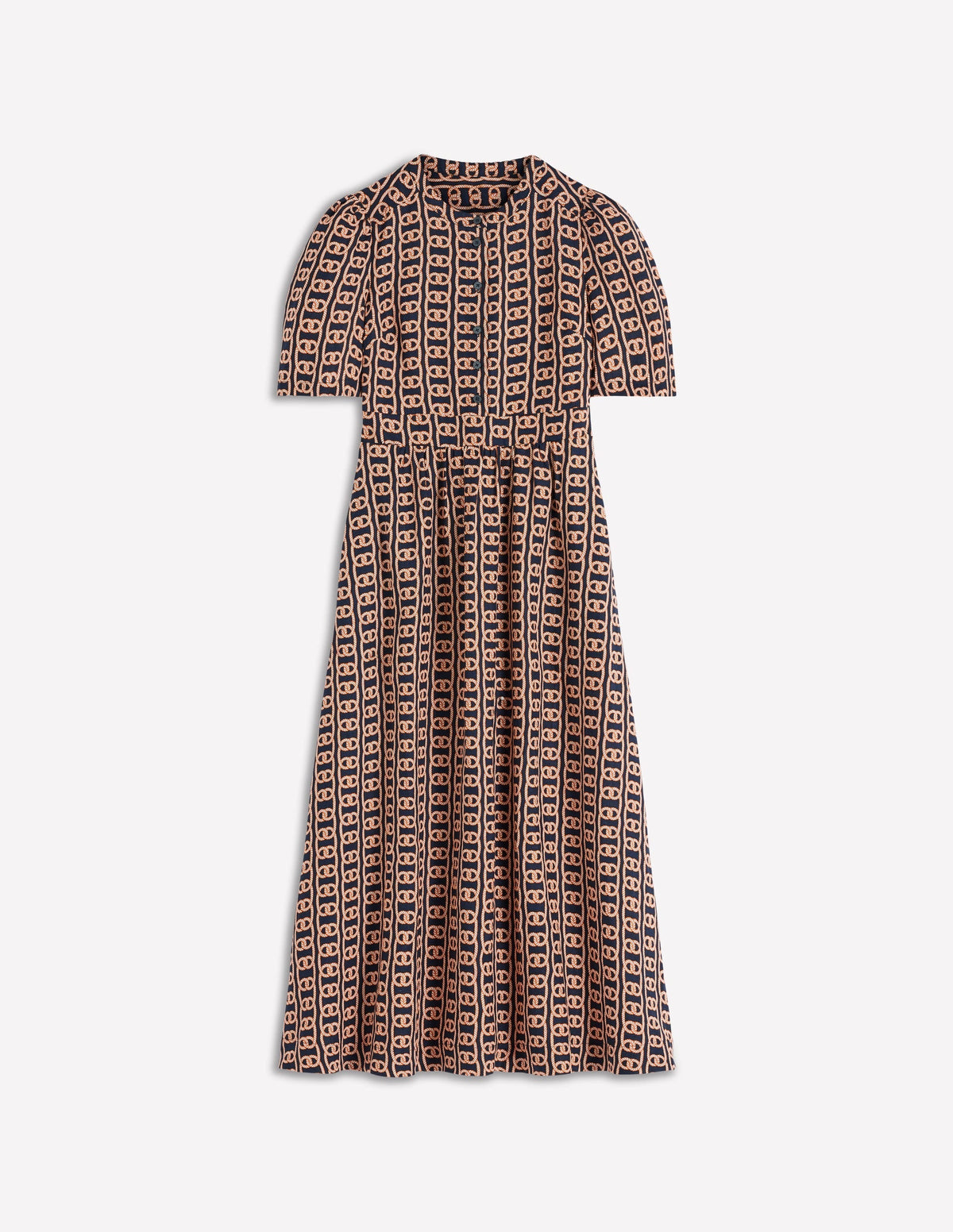 Ivy Button Linen Midi Dress-French Navy, Rope Trellis