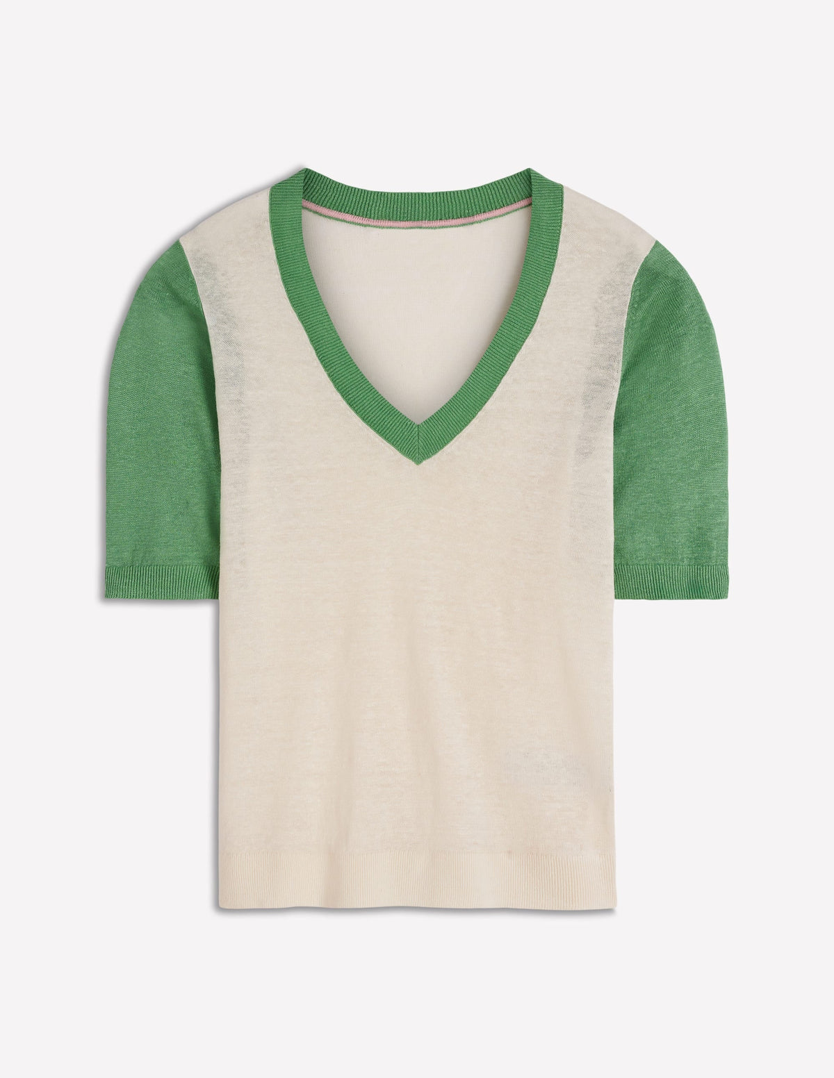 Agnes Linen V Neck T-Shirt-Ivory/ Green