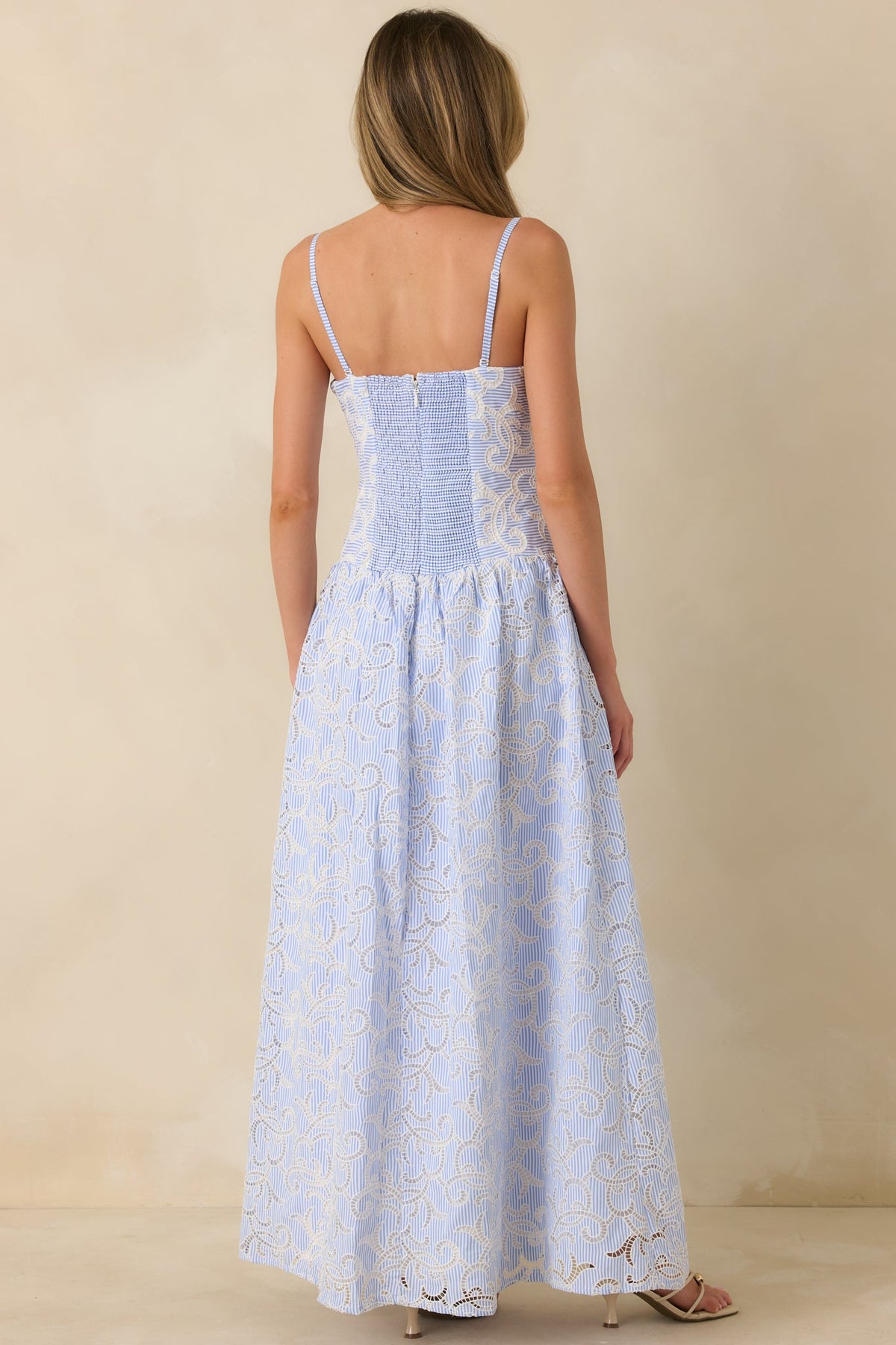 The Space Between Blue Stripe Embroidered Eyelet Maxi Dress