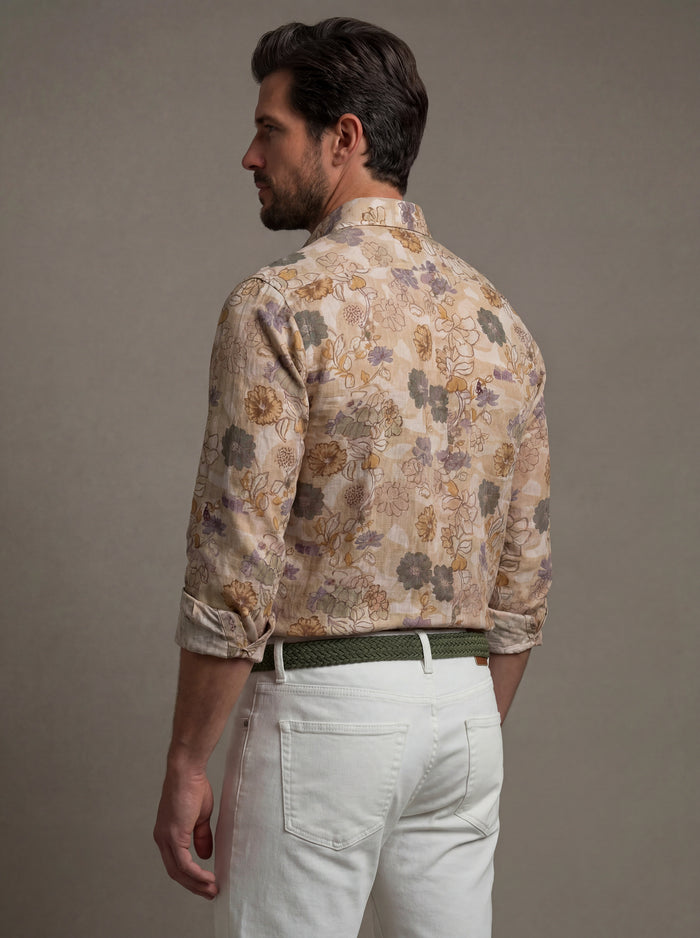 Aberg Slub Beige Printed Full Sleeve Tailored Fit Casual Cotton Shirt