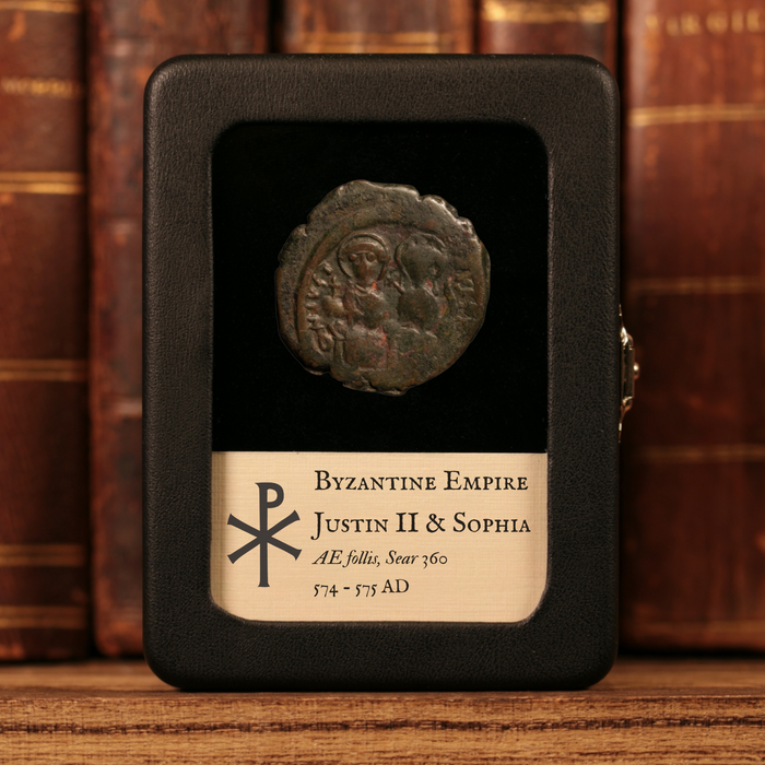 Byzantine Empire, Emperor Justin II (with Sophia), AE Follis - 574 to 575 CE - Byzantine Empire
