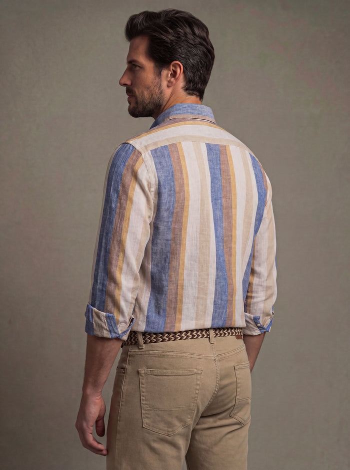 Giggs Slub Blue Striped Full Sleeve Tailored Fit Casual Cotton Shirt