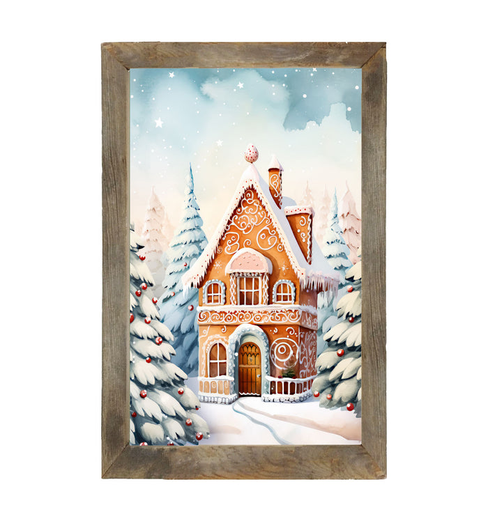 Gingerbread house in the snow - Framed art
