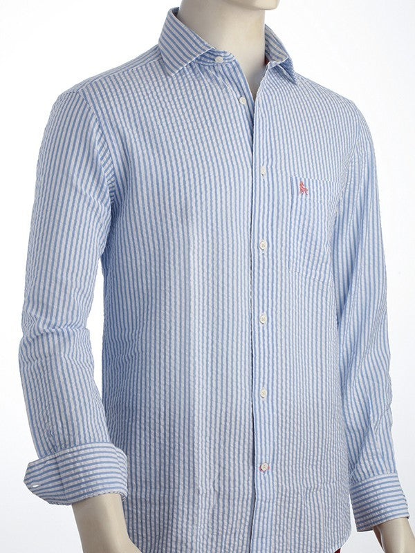 Nairobi Seersucker Sky Striped Full Sleeve Tailored Fit Casual Cotton Shirt
