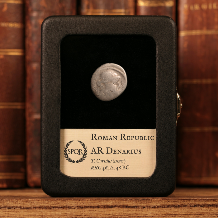 Rome, T. Carisius, AR Denarius, Moneta (Goddess of Money) & Coin Minting Tools (Rare Type) - 46 BCE - Roman Republic