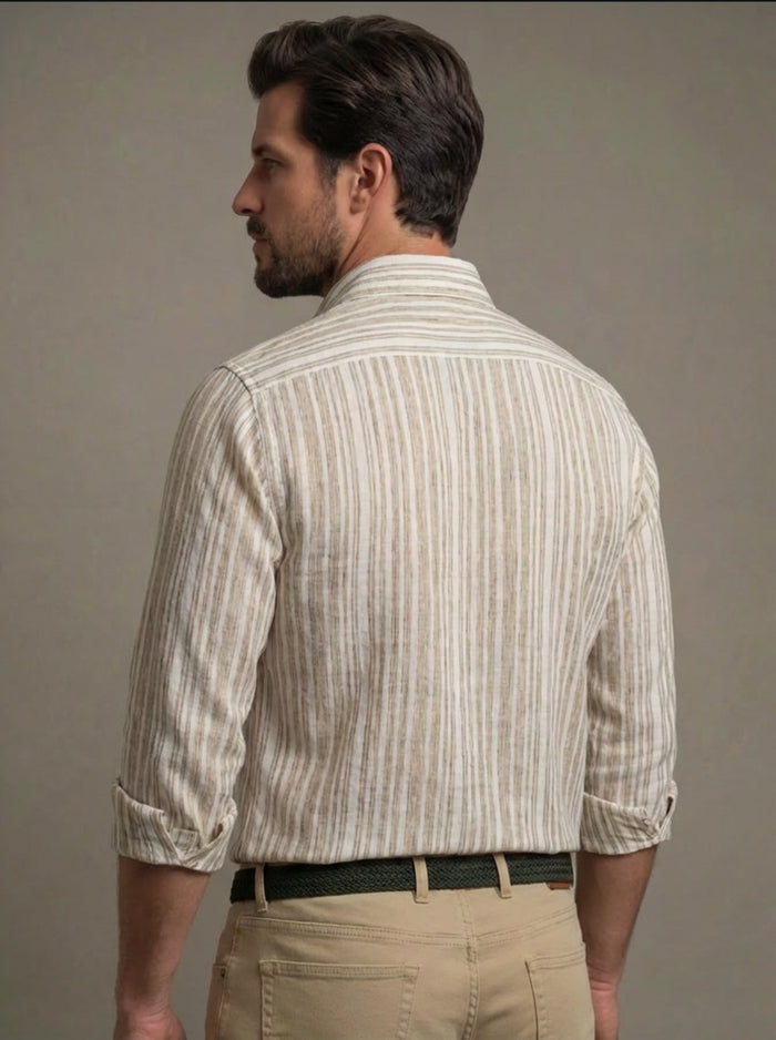 Scheffler Beige Striped Full Sleeve Tailored Fit Casual Blended Shirt
