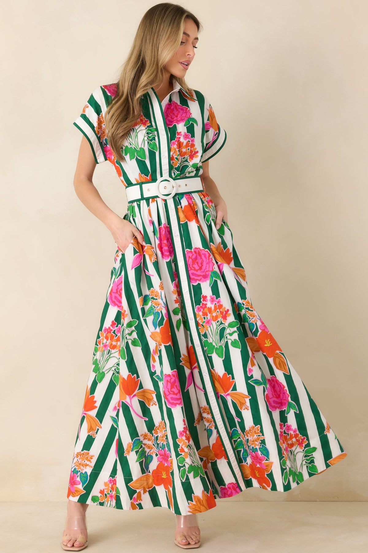 Prosperina Jocelyn Green Multi Floral Stripe Cotton Maxi Dress