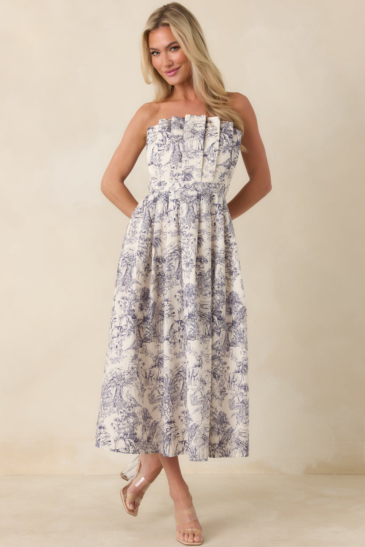 The Genevieve Cotton Navy Blue Toile Strapless Midi Dress
