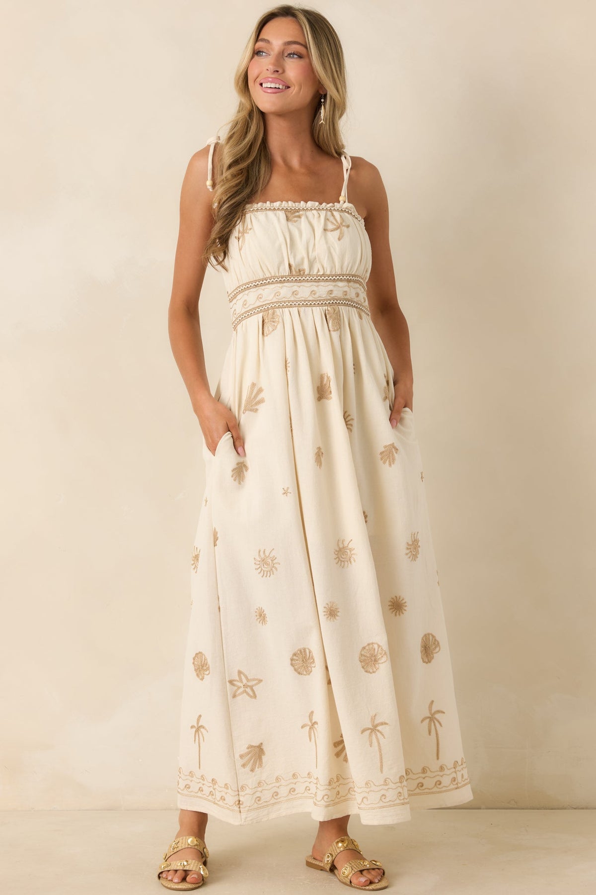 Toes In the Sand Ivory Embroidered Cotton Maxi Dress