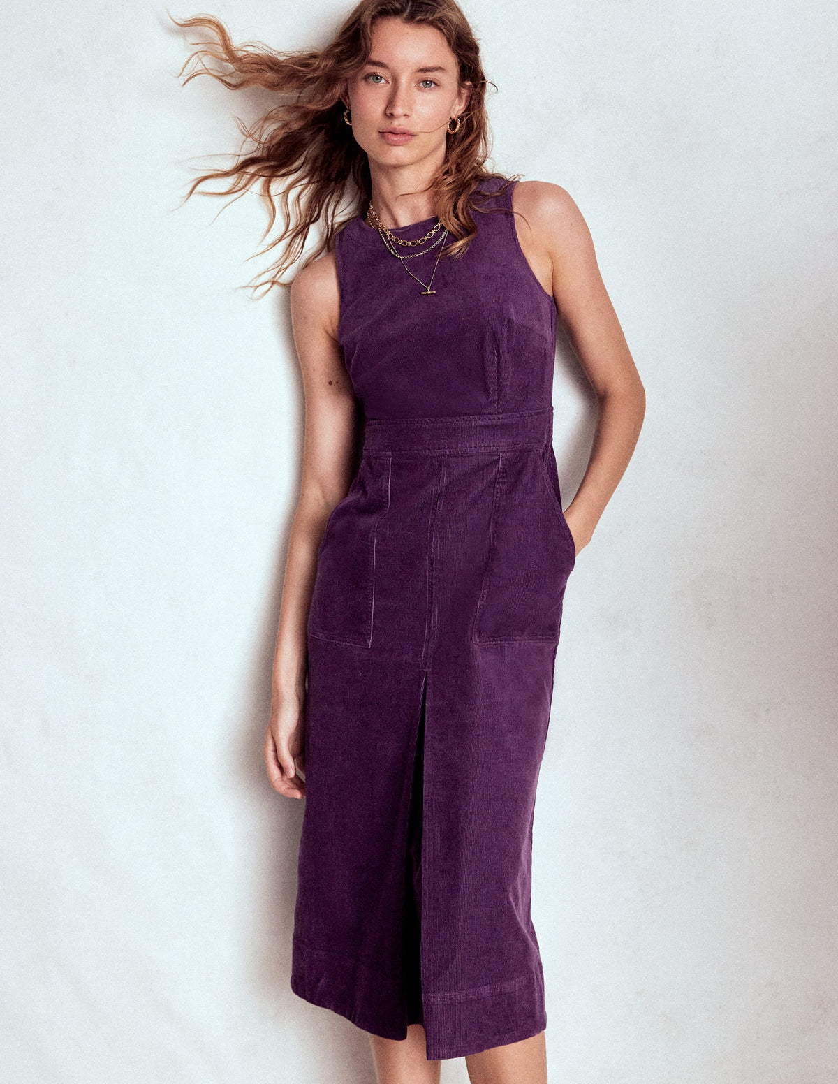 Ula Box Pleat Cord Midi Dress-Viola Purple