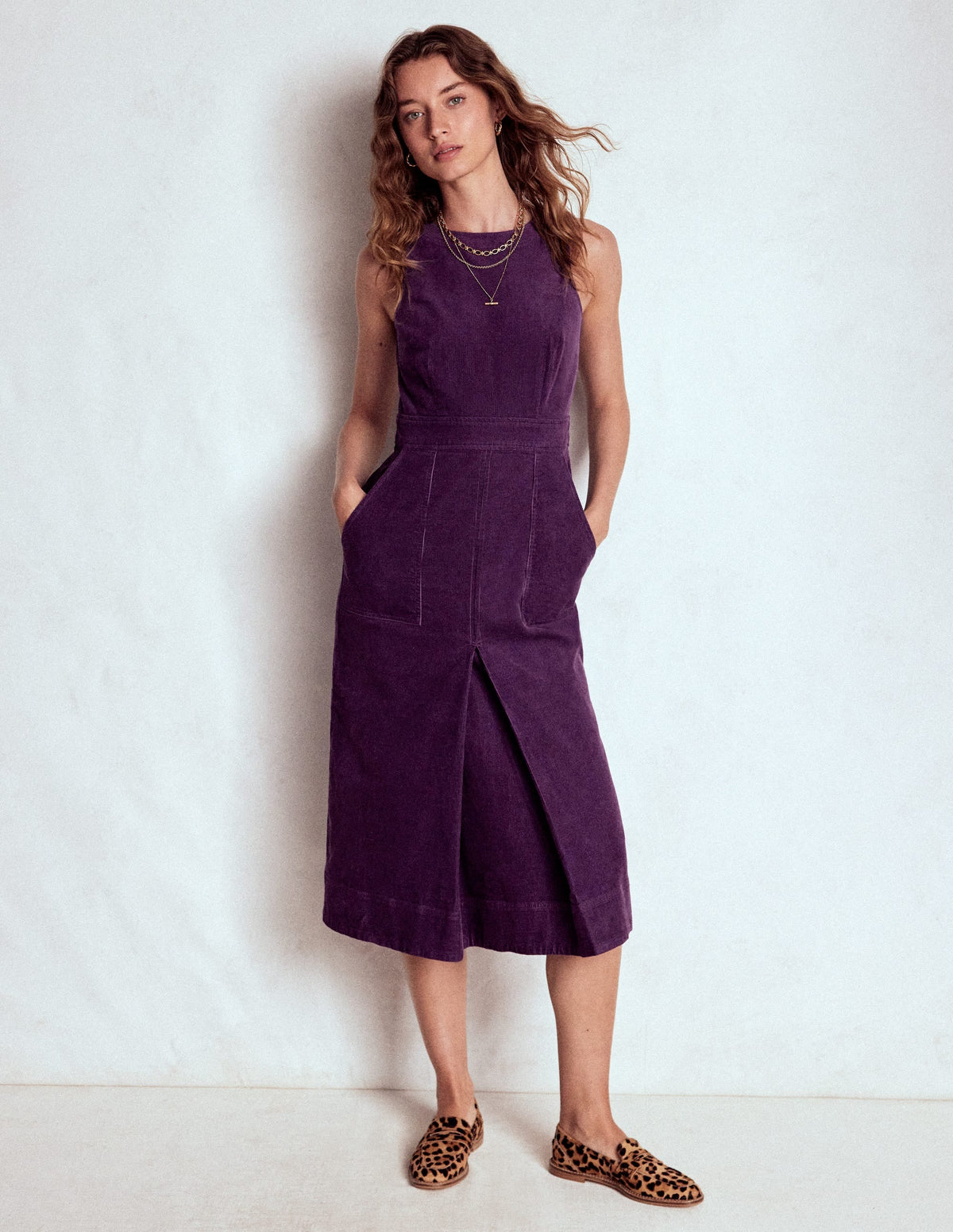 Ula Box Pleat Cord Midi Dress-Viola Purple
