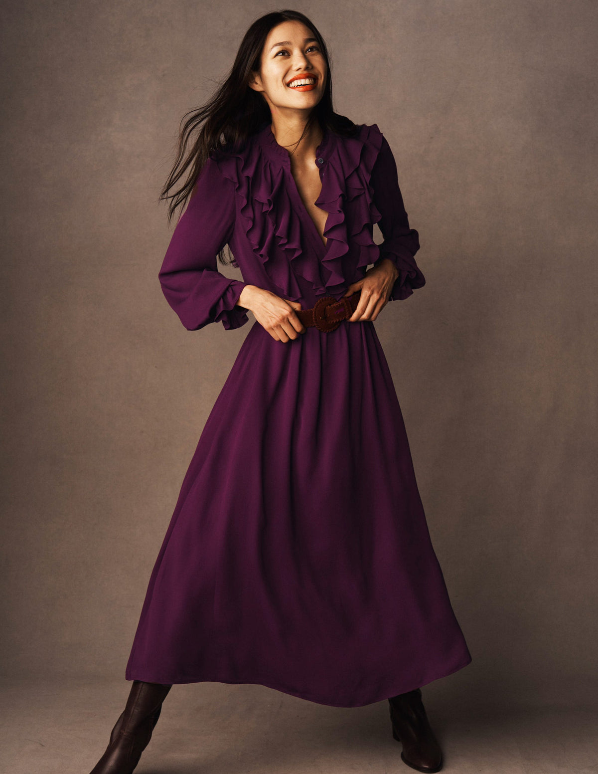 Ruffle Front Shirt Dress-Dark Cherry