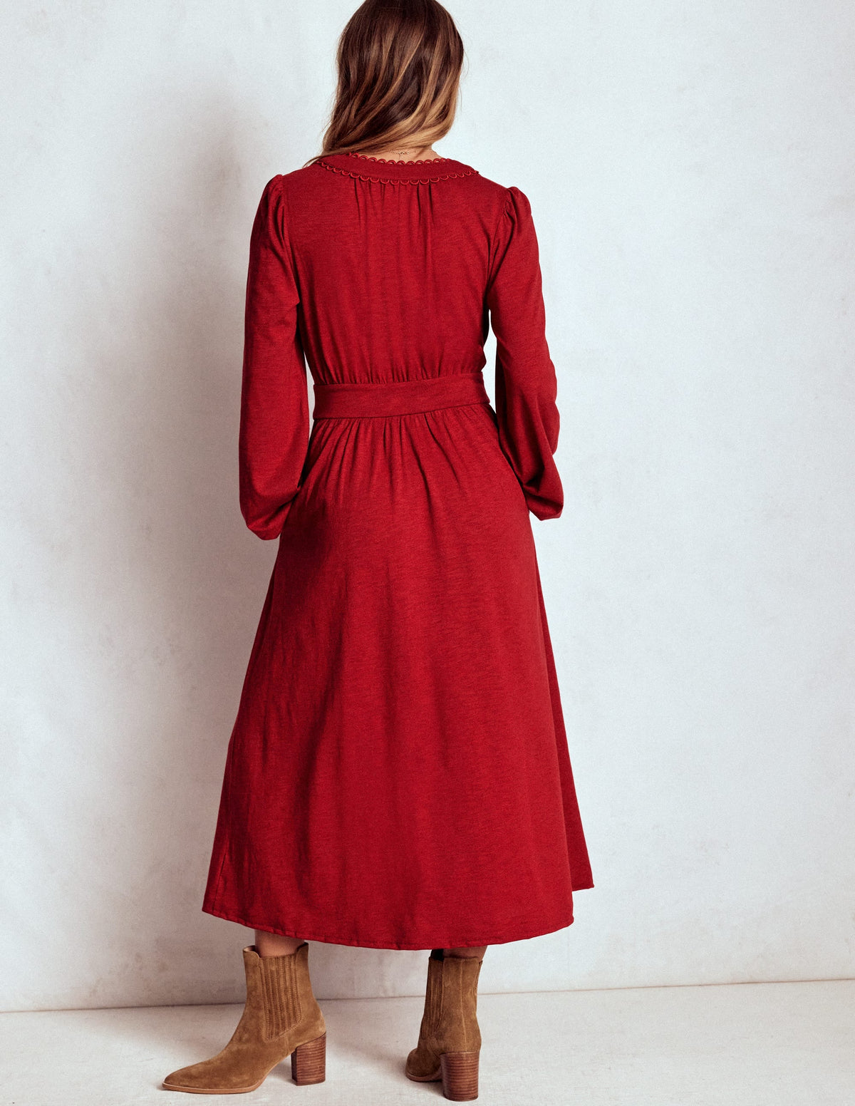 Maddie Picot Trim Midi Dress-Carmine Red