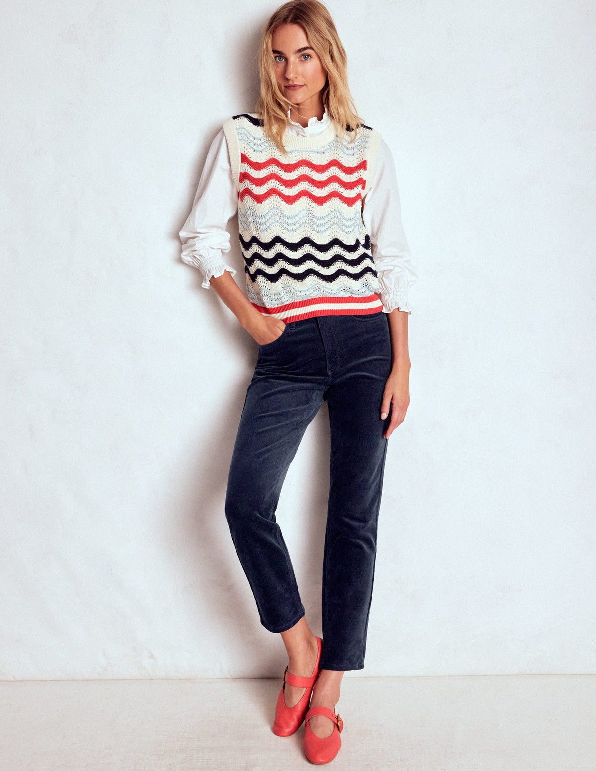 High Rise Cord Slim Jeans-Navy