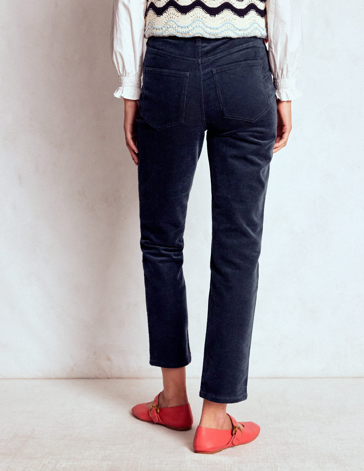 High Rise Cord Slim Jeans-Navy