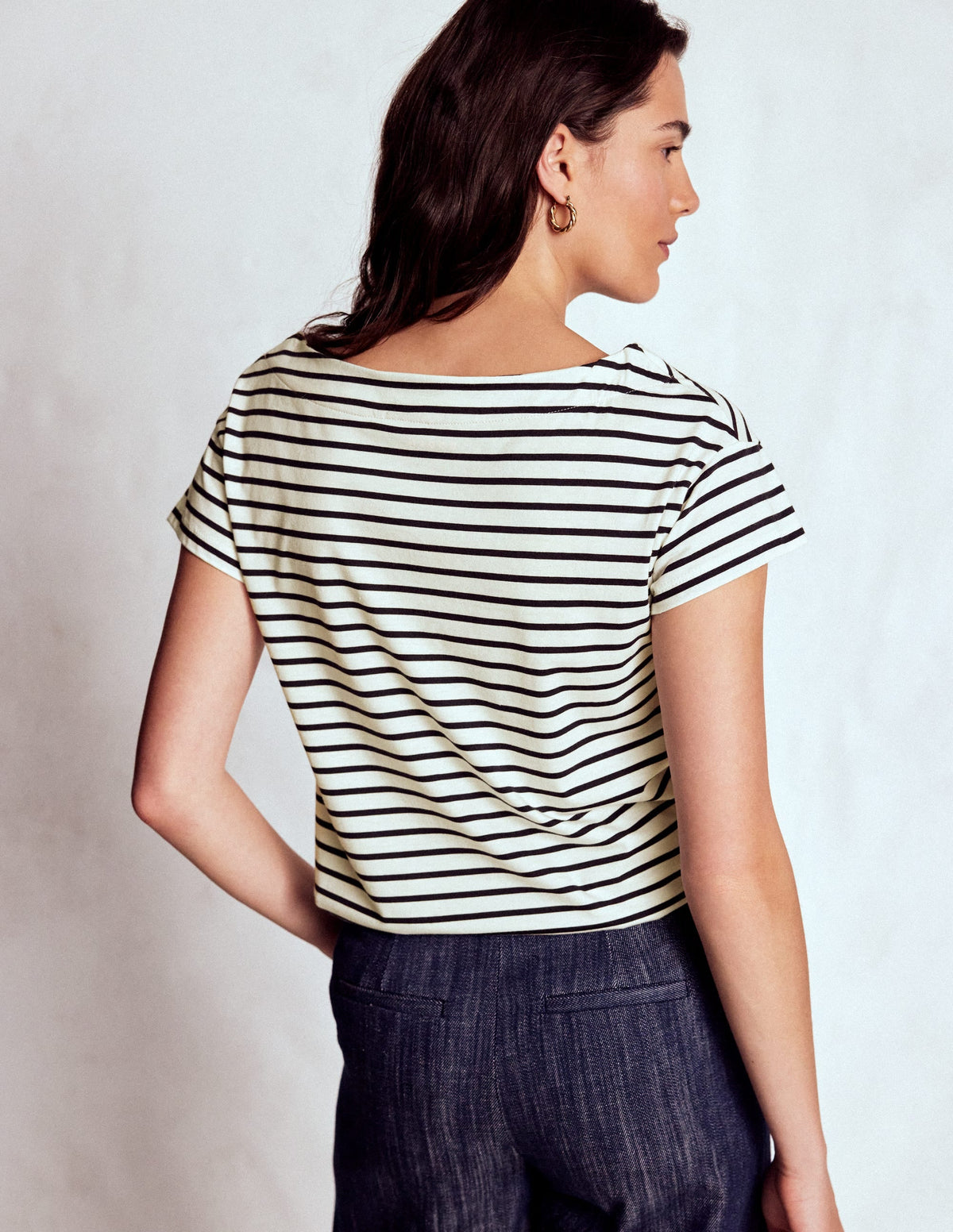 Supersoft Boat Neck T-Shirt-Ivory, Navy Stripe