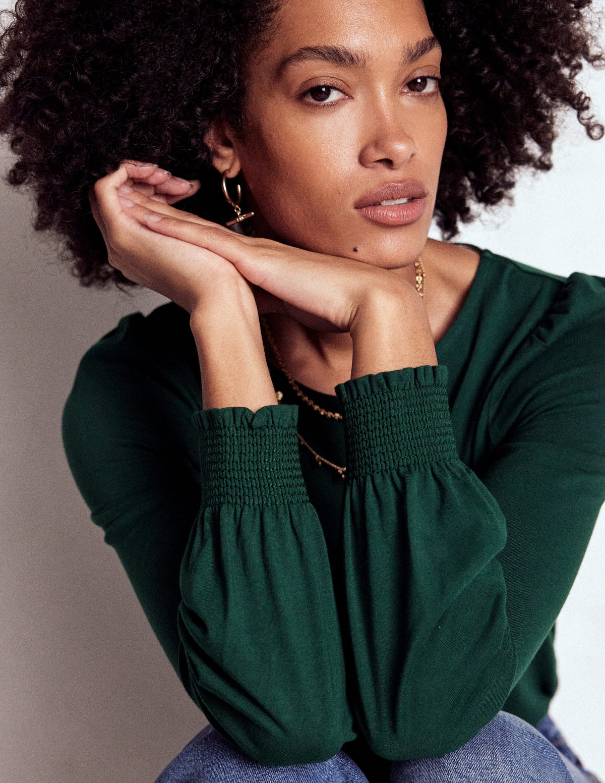 Smocked Cuff Supersoft Top-Green Pine