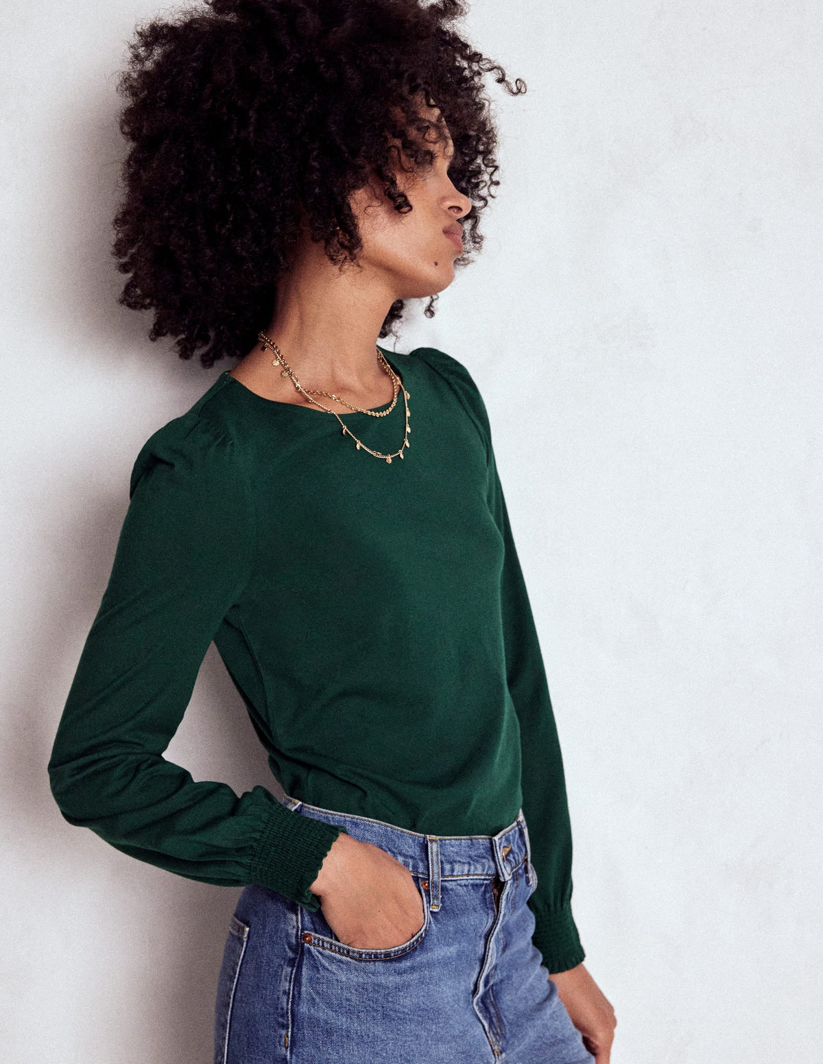 Smocked Cuff Supersoft Top-Green Pine