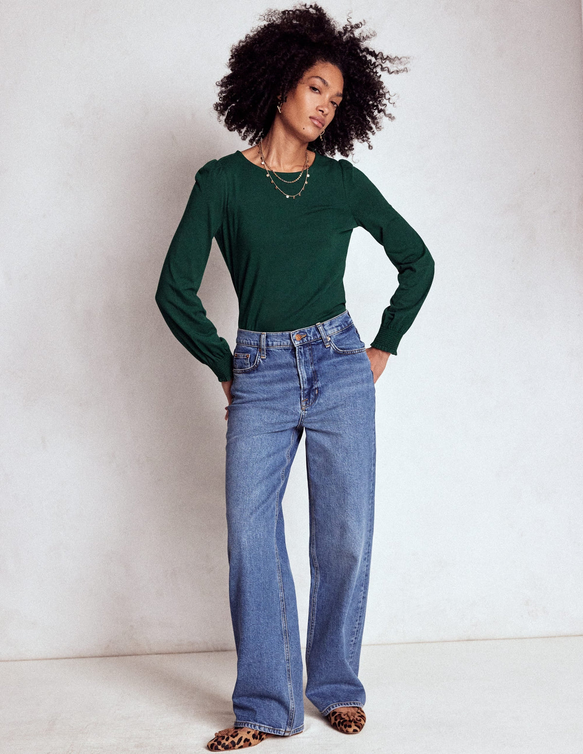 Smocked Cuff Supersoft Top-Green Pine