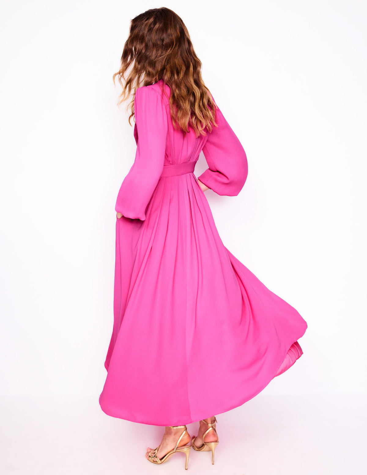 Pleat Detail Blouson Dress-Cosmos Pink