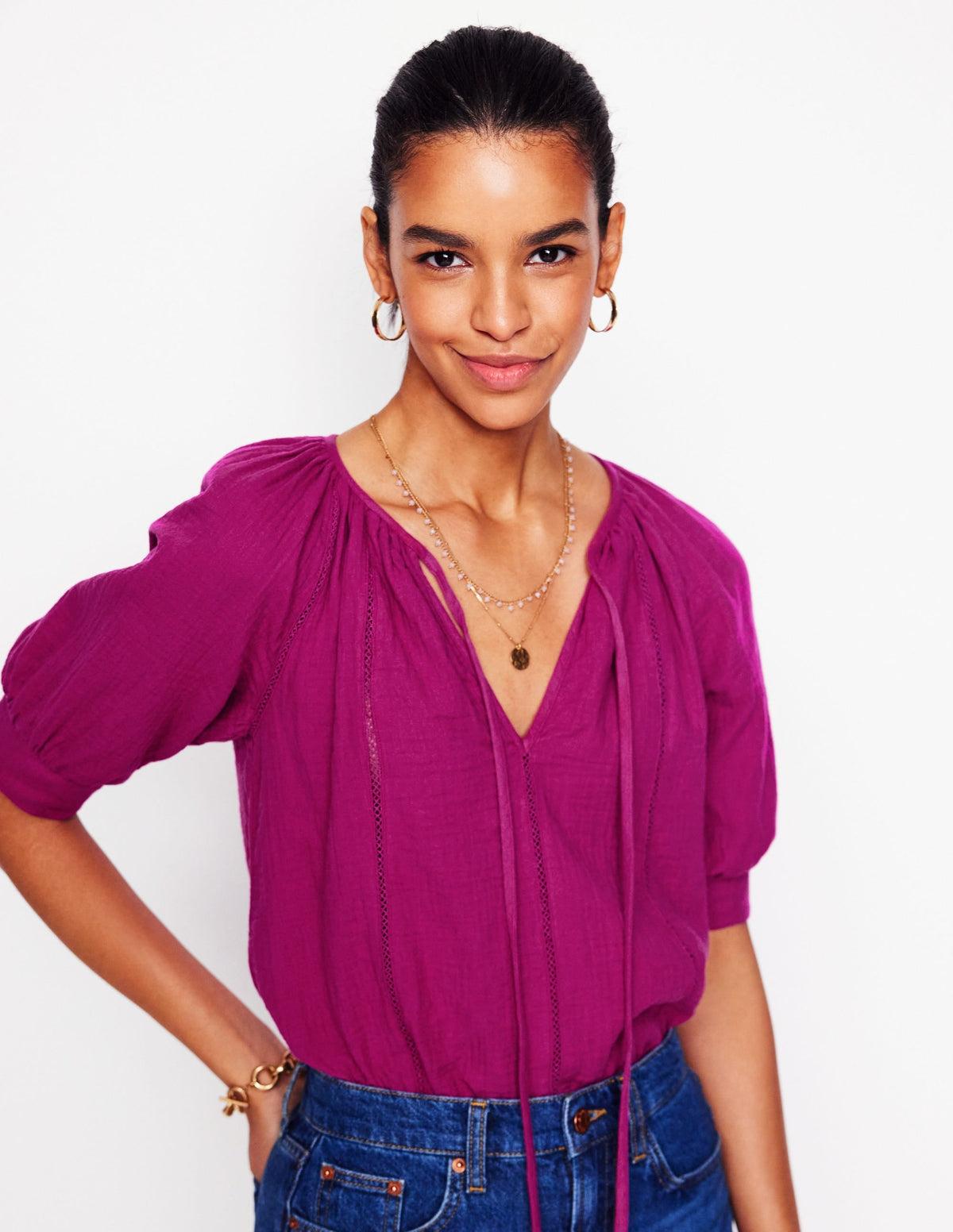 Trim Insert Double Cloth Top-Fuschia