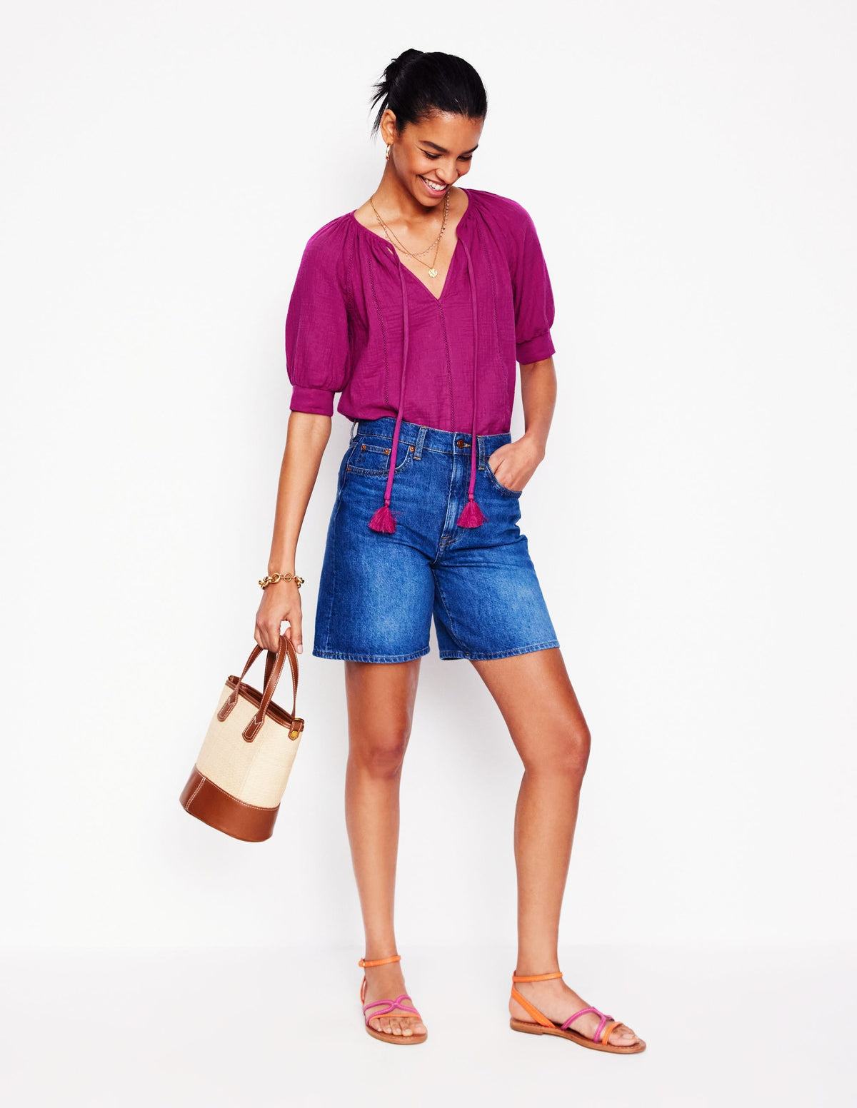 Trim Insert Double Cloth Top-Fuschia