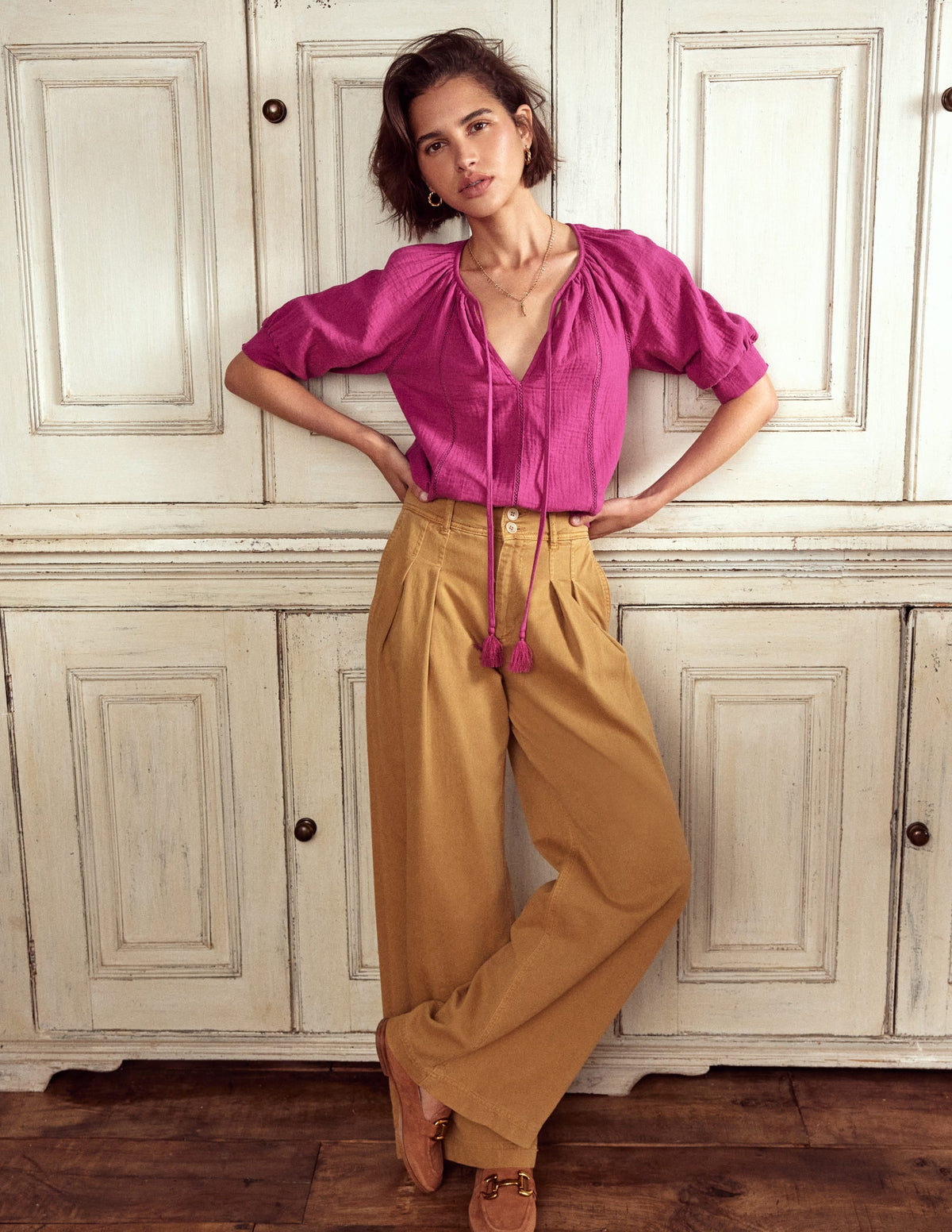 Trim Insert Double Cloth Top-Fuschia