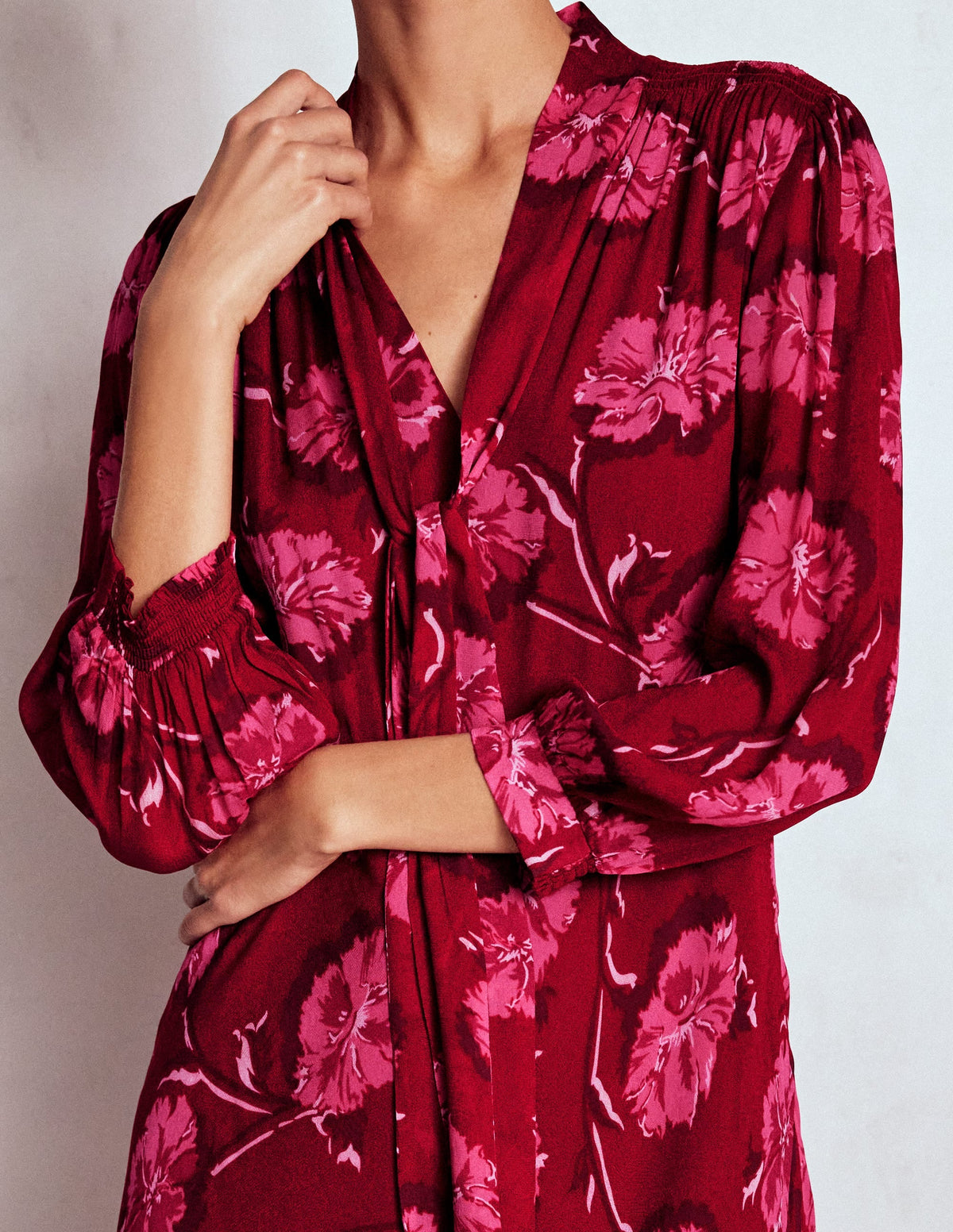 Brooke Tie Neck Tea Dress-Cranberry Red, Delicate Vine