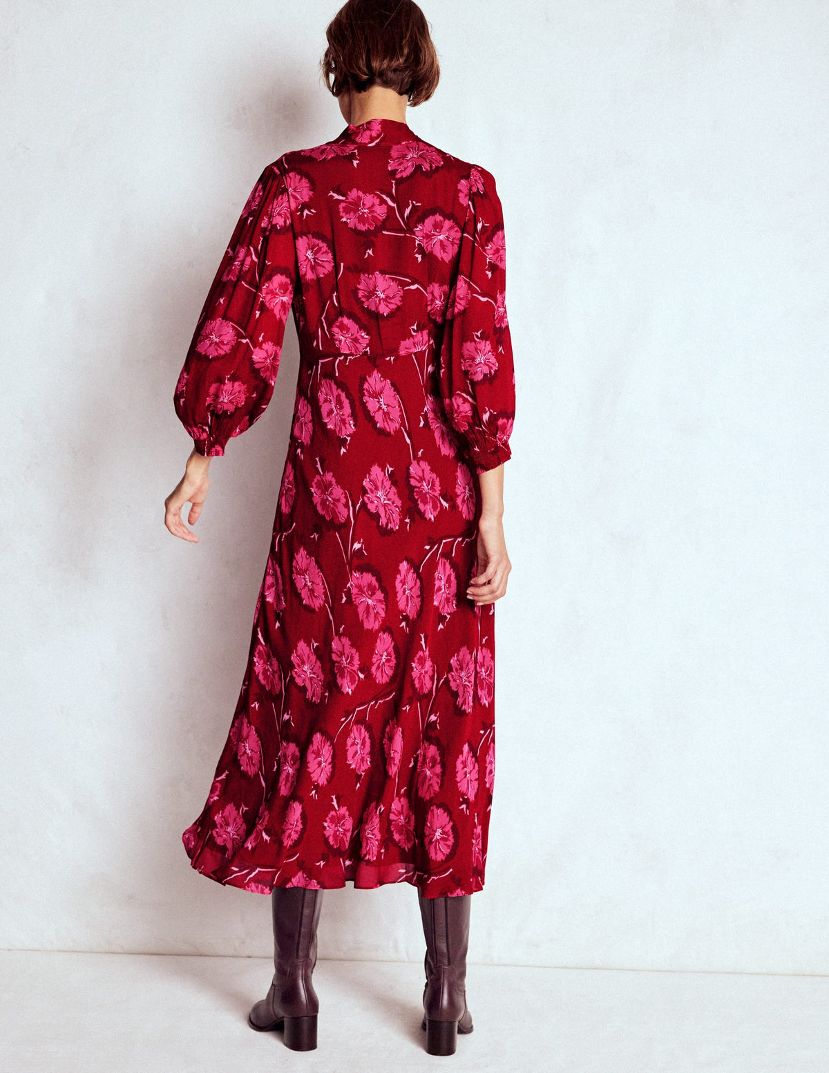 Brooke Tie Neck Tea Dress-Cranberry Red, Delicate Vine