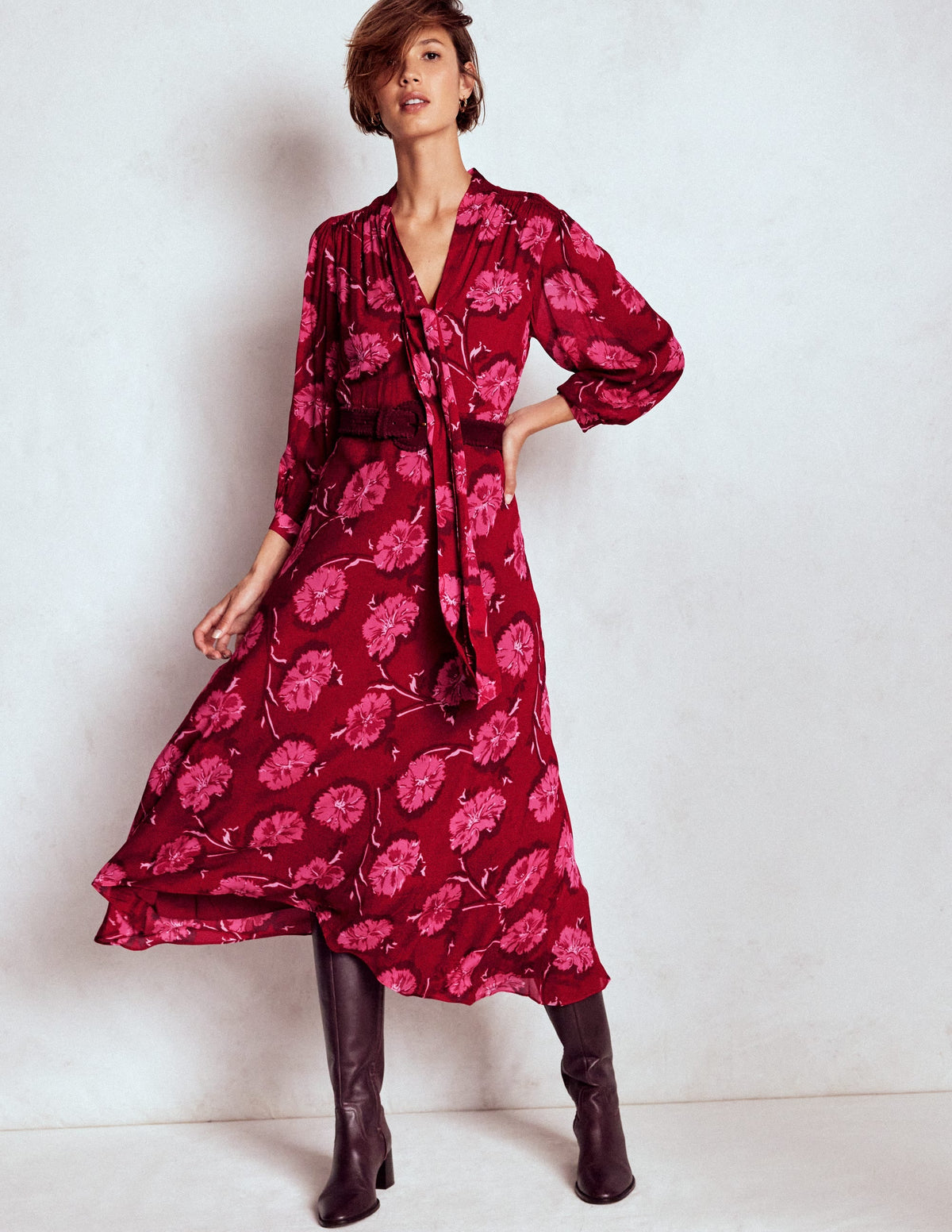 Brooke Tie Neck Tea Dress-Cranberry Red, Delicate Vine