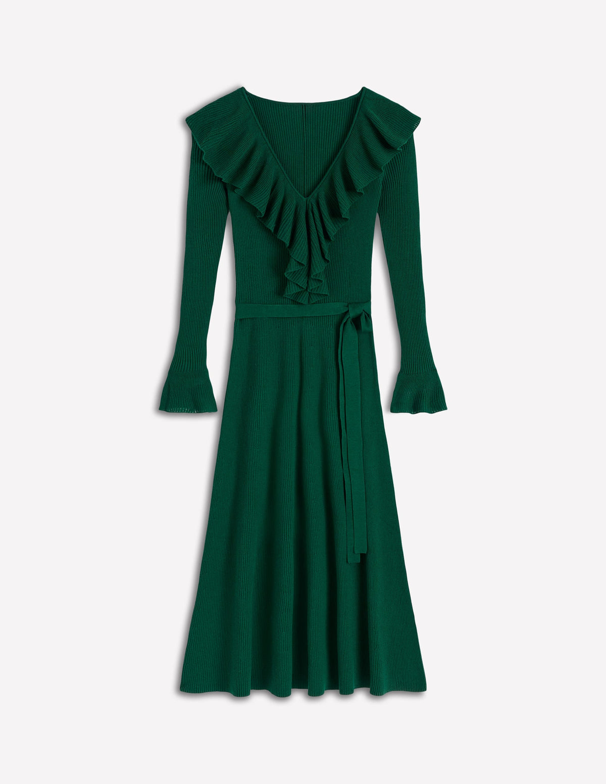 Ruffled Ribbed Dress-Emerald Night