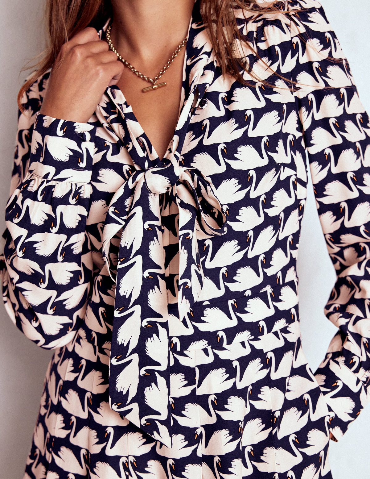 Tie Neck Short Dress-French Navy, Geo Swan