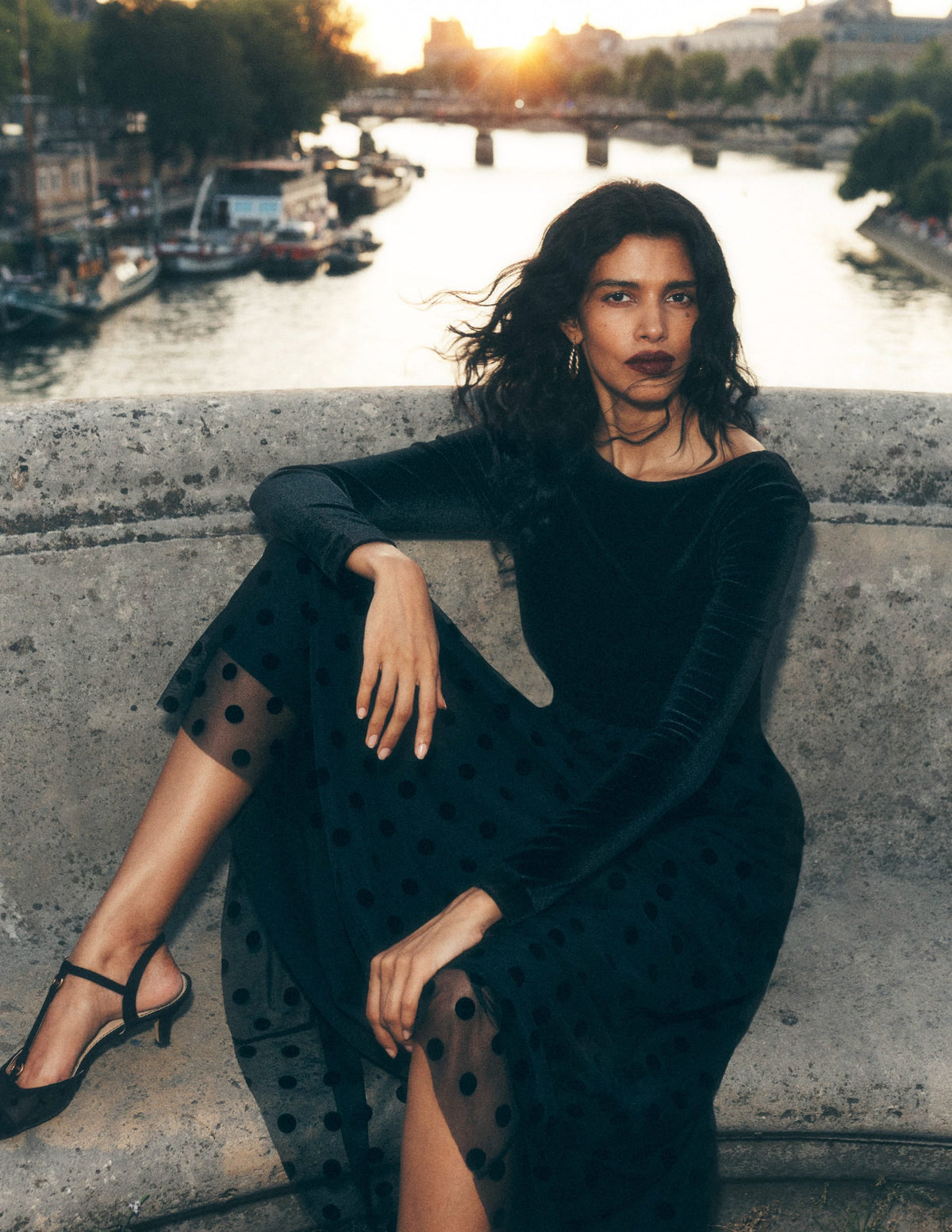 Velvet Bodice Jersey Dress-Black