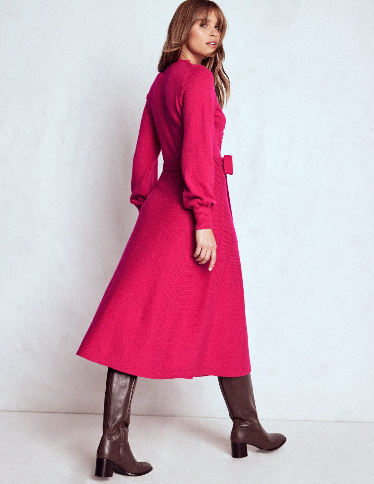 Lace Insert Knitted Midi Dress-Vibrant Pink