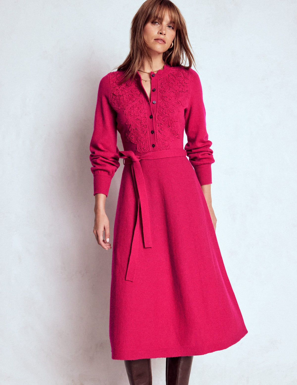 Lace Insert Knitted Midi Dress-Vibrant Pink