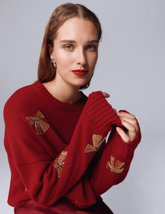 Natalie Embroidered Sweater-Red, Embellished Bows