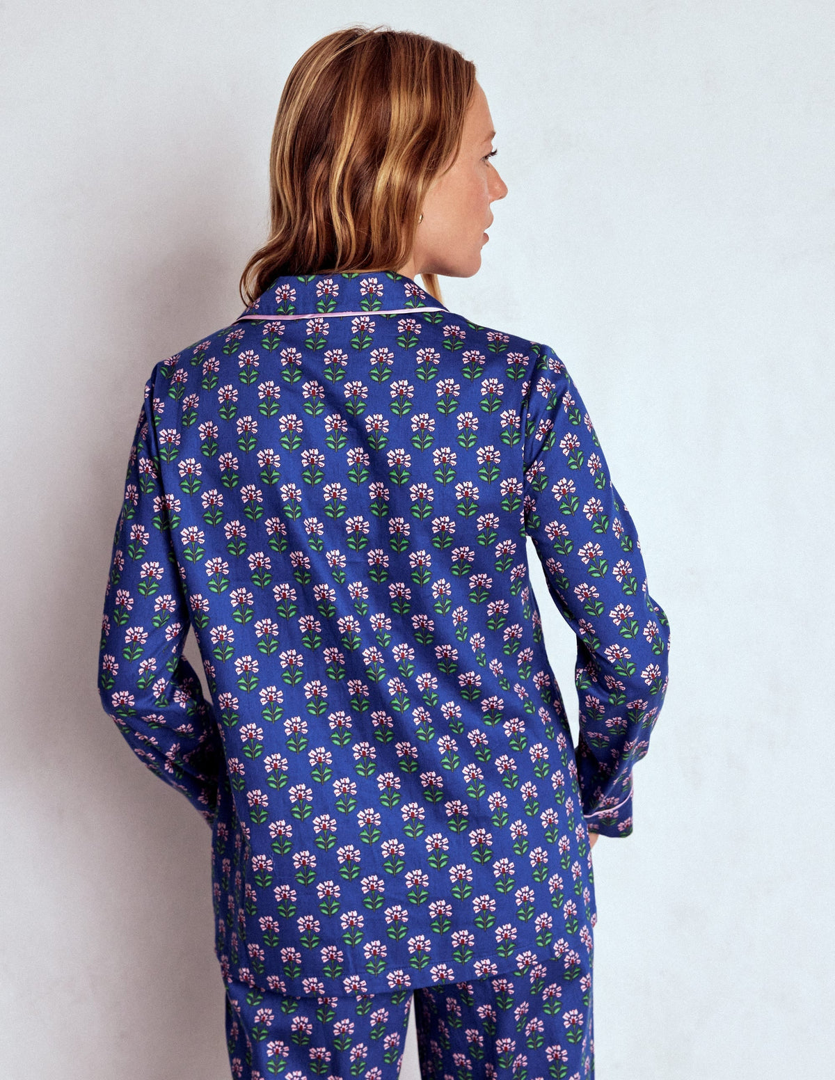 Cotton Pajama Shirt-Bright Blue, Woodblock Flower