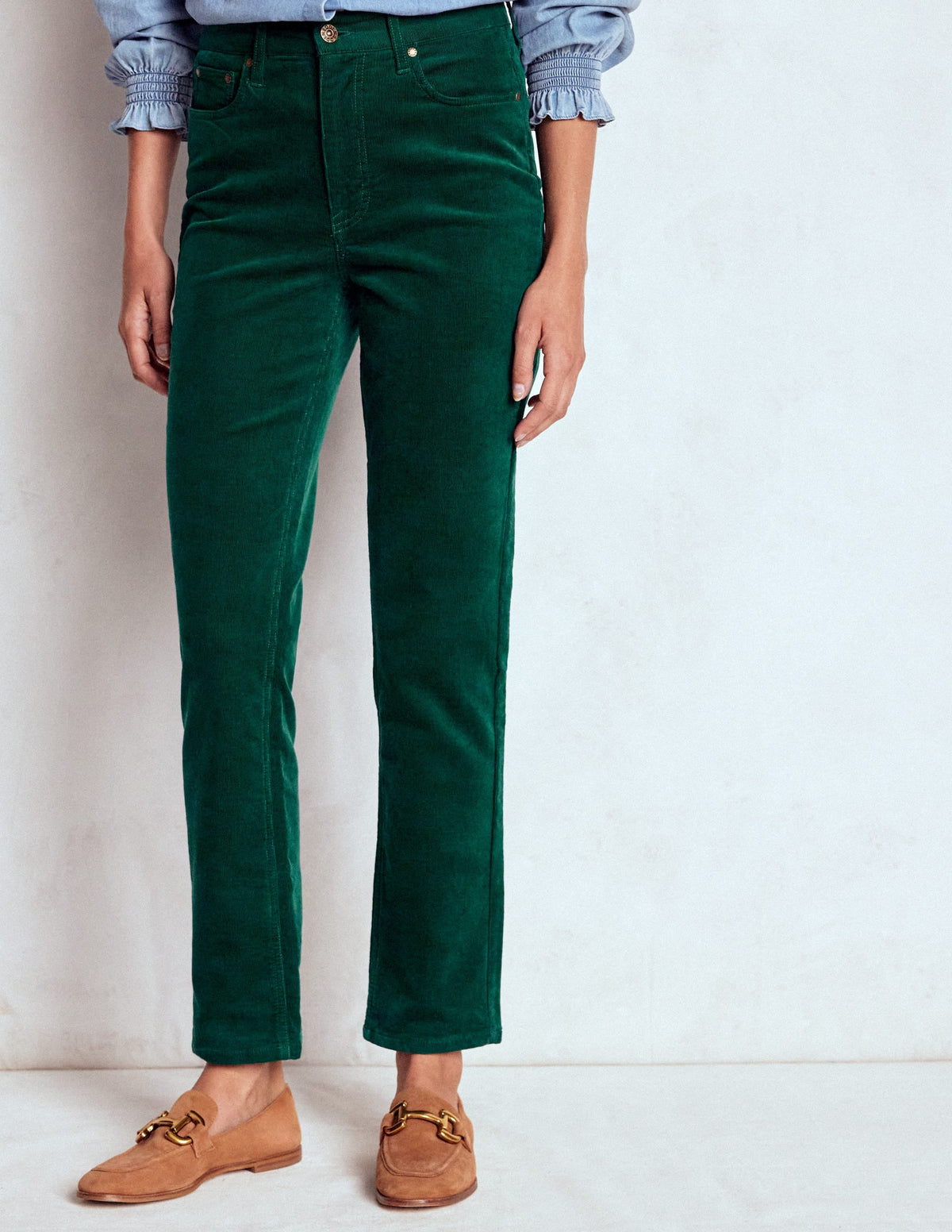 High Rise Cord Slim Jeans-Green