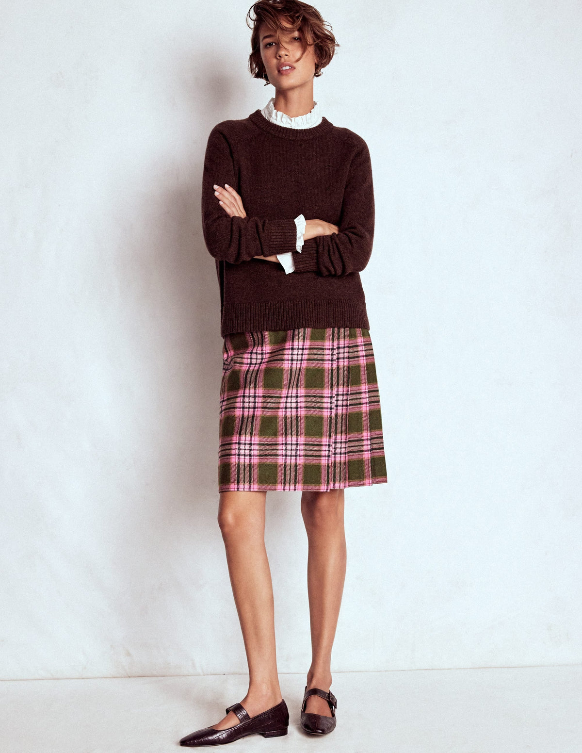Helen Wool Kilt Skirt-Olive, Green and Pink Check