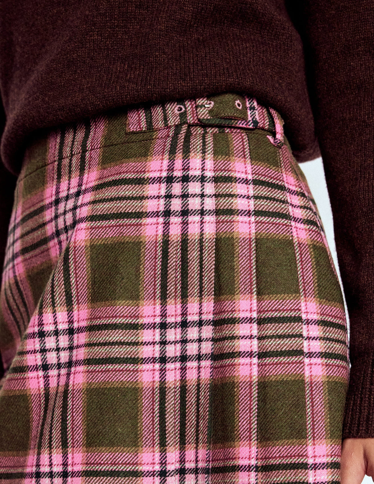Helen Wool Kilt Skirt-Olive, Green and Pink Check