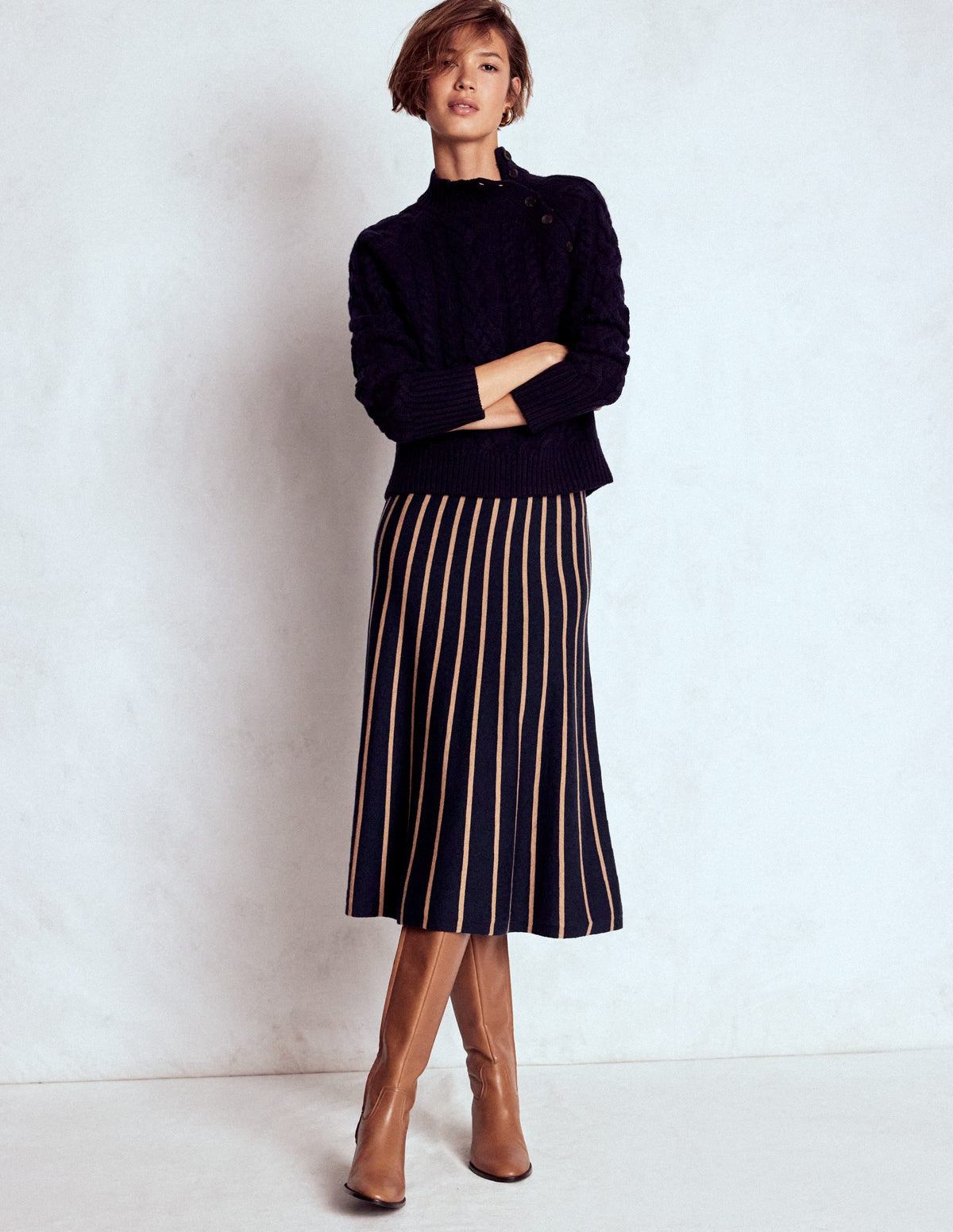 Liz Knitted Midi Skirt-Navy and Camel Stripe