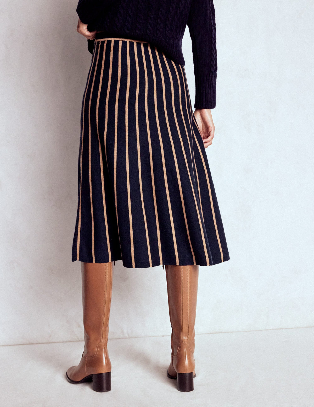 Liz Knitted Midi Skirt-Navy and Camel Stripe