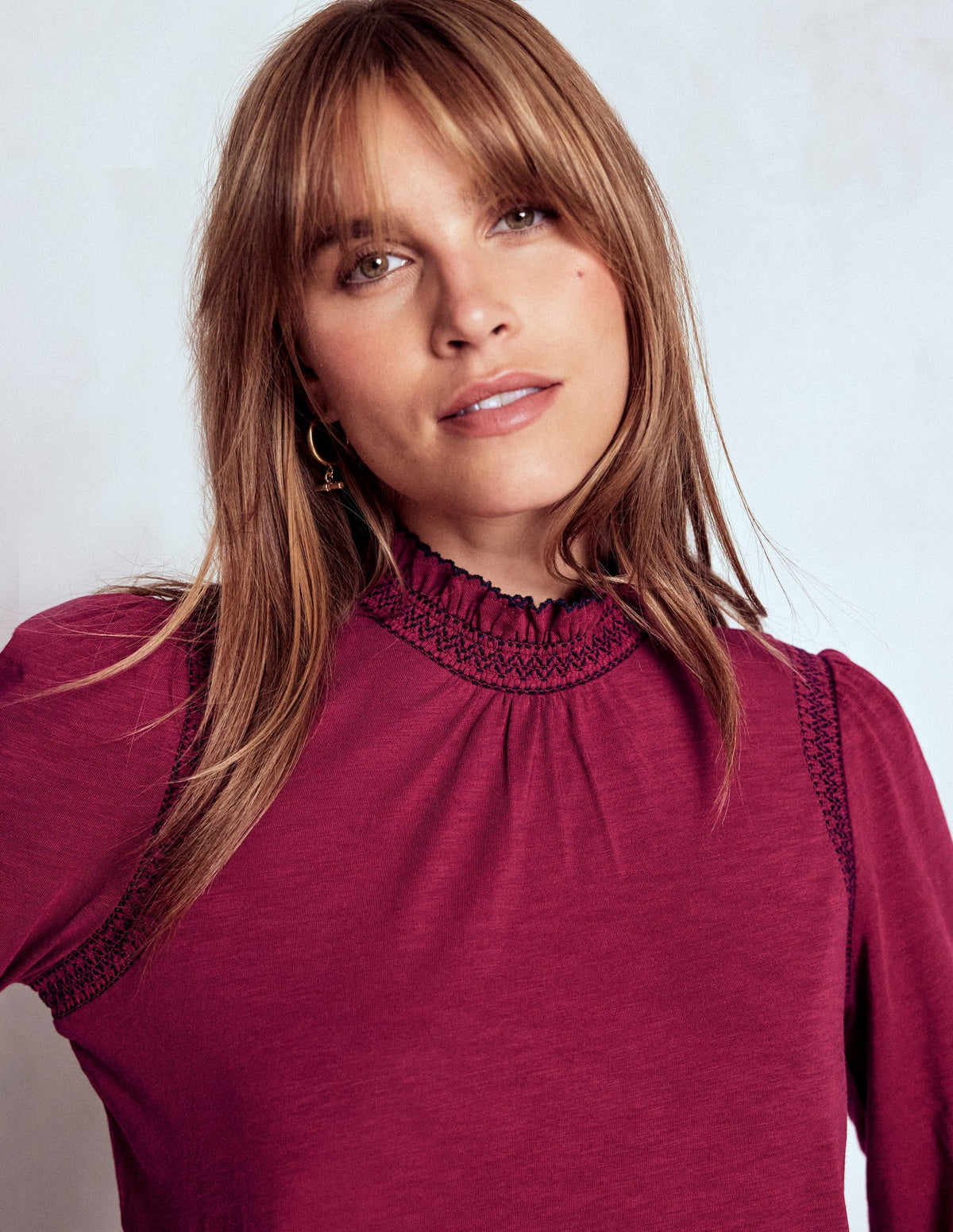 Tia Smocked Neck Jersey Top-Ruby Red
