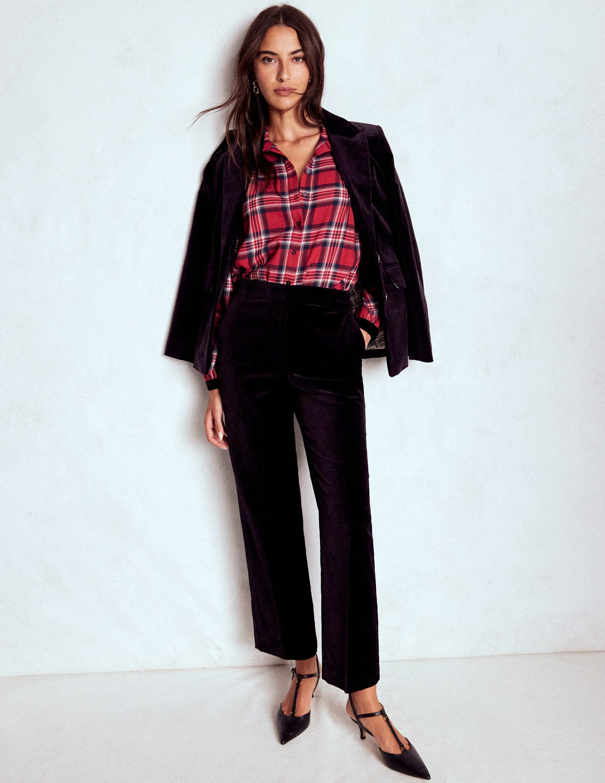 Velvet Collared Check Shirt-Red Check