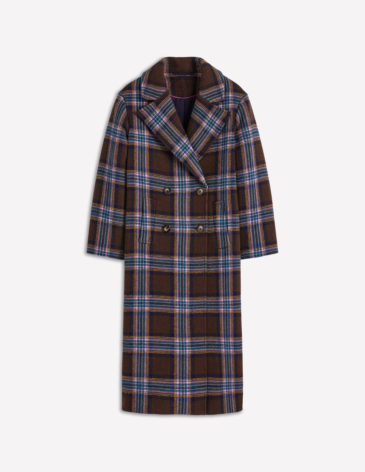 Cocoon Wool Coat-Brown, Teal and Pink Check